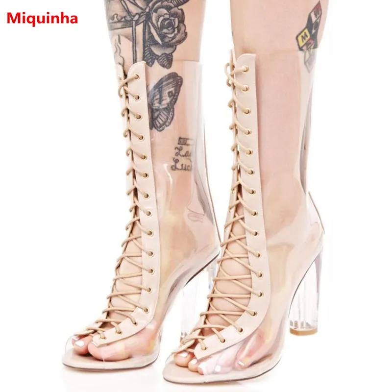 peep toe cross strap chunky heeled boots