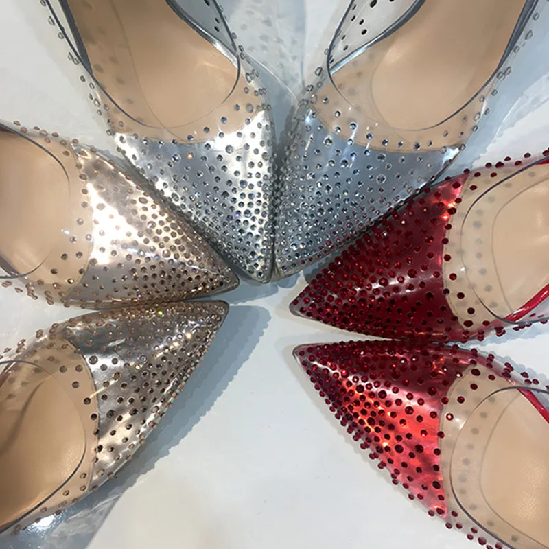

2019 New colors red champagne plexi clear PVC crystal covered high heels pointed toe Stiletto heels party dress women shoes
