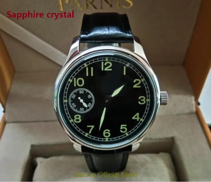 

Sapphire crystal 44mm GEERVO black dial Asian 6497 17 jewels Mechanical Hand Wind movement men's watch green luminous 07A
