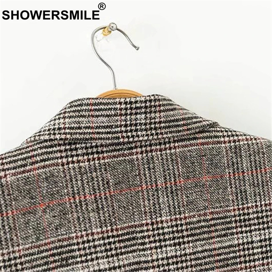 SHOWERSMILE Women Plaid Vests Long Waistcoat Checkered Jacket England Style Sleeveless Blazer Autumn Female Double Breasted Coat