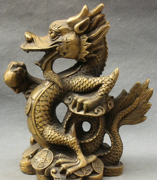 

JP S0608 9" Chinese Bronze Year Zodiac Wealth YuanBao Coin Dragon Head Statue Sculpture