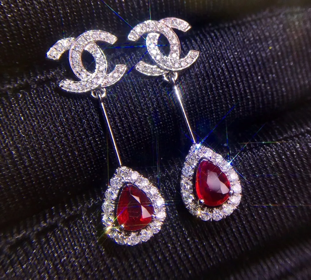 

Fine Jewelry Real 18k White gold Natural Pigeon Blood Red Ruby Female Drop Eaarings for Women Fine New Year Birthday Present