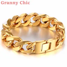 Granny Chic 8.66″ Fashion 17mm Wide Gold color Cut Curb Cuban Link 316L Stainless Steel Bracelet Mens Boys Unisex Heavy Jewelry