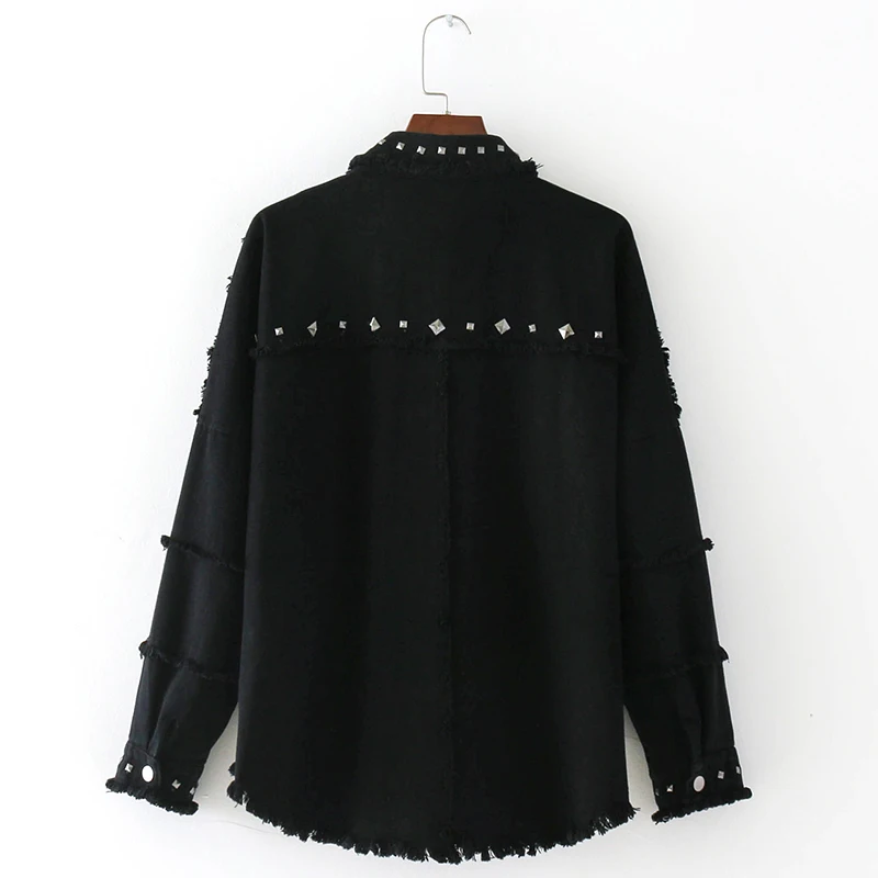 ShejoinSheenjoy Streetwear Pocket Rivet Frayed Jean Denim Jacket Women Turn-down Collar Long Sleeve Casual Coat Black Outerwear (5)