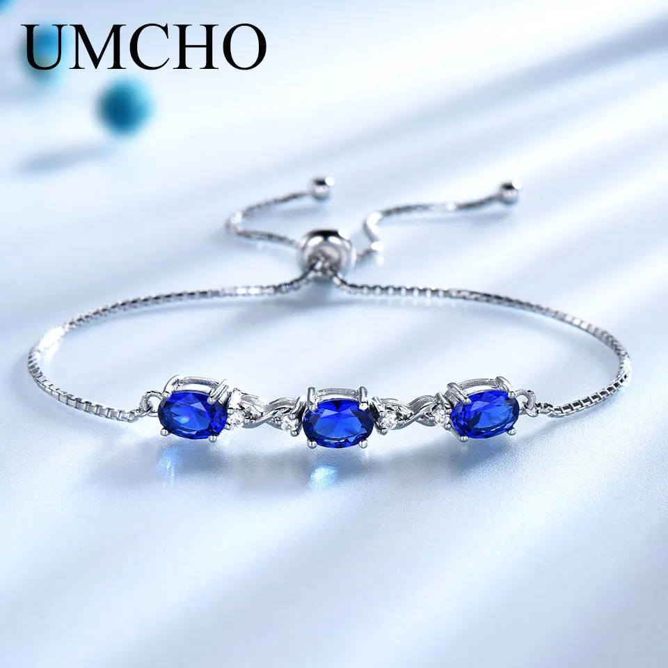 

UMCHO Real 925 Silver Bracelet Oval Created Nano Blue Sapphire Bracelets & Bangles Free expansion Romantic Jewelry For Women