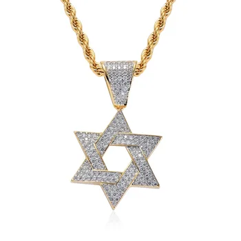 

Custom Hiphop Jewelry Men's Micro Pave Cubic Zircon Star of David Charm Hexagon Necklace Iced Out Pendant Homme