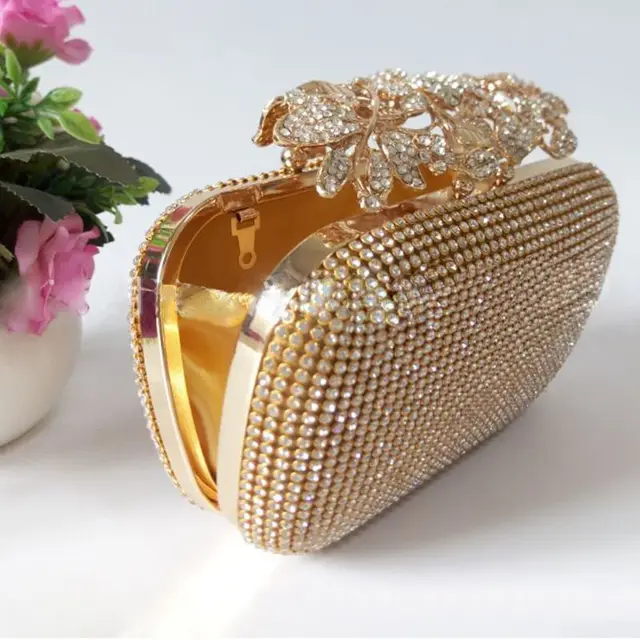 Unique Gold Rhinestone Evening bag Clutch Purse Party Bridal Prom 2