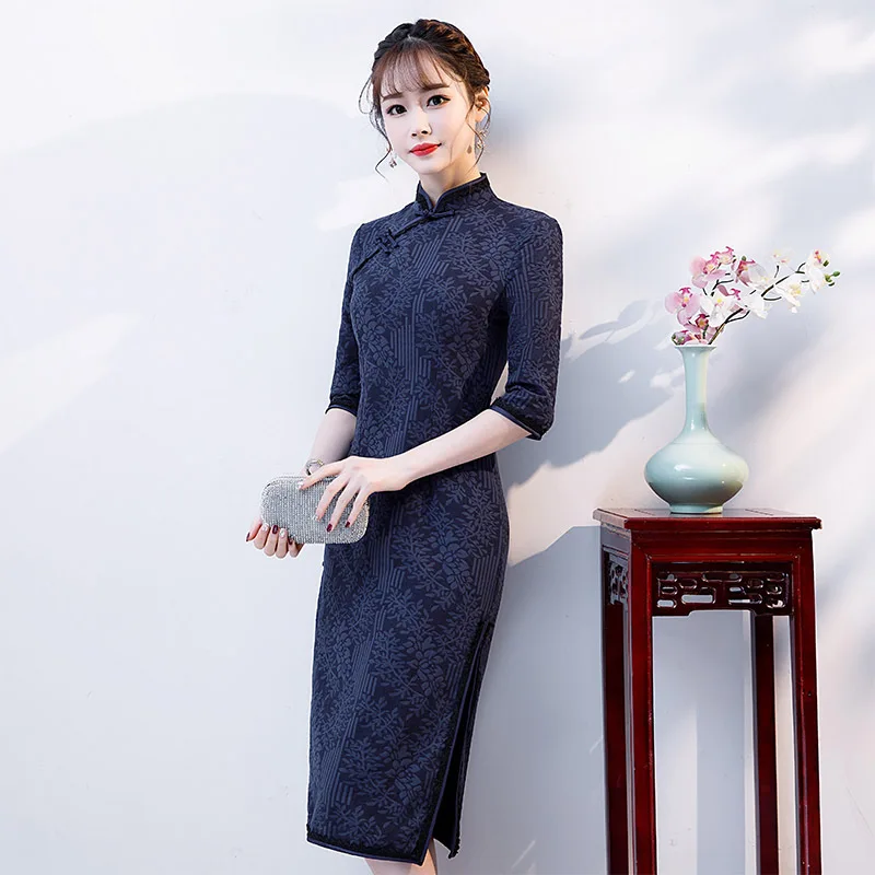 

New Noble Knee Length Cheongsam 2019 Spring Vintage Chinese style Dress Sexy Womens Qipao Slim Party Dresses Button Vestido
