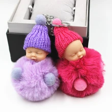 Hot Sell Cute Sleeping Baby Doll Key Chain Real Rex Rabbit Fur Keychain Fluffy Pom Pom Keyring Bag Car Trinket Women Gift