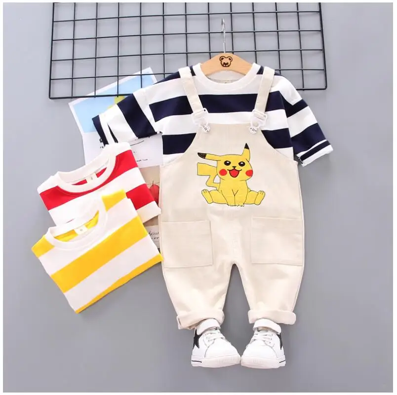 

2019 Autumn Baby Infant Clothing Suits Toddler Boys Girls Clothes Sets Striped Shirt Cartoon Bib Pants Kids Children Costume