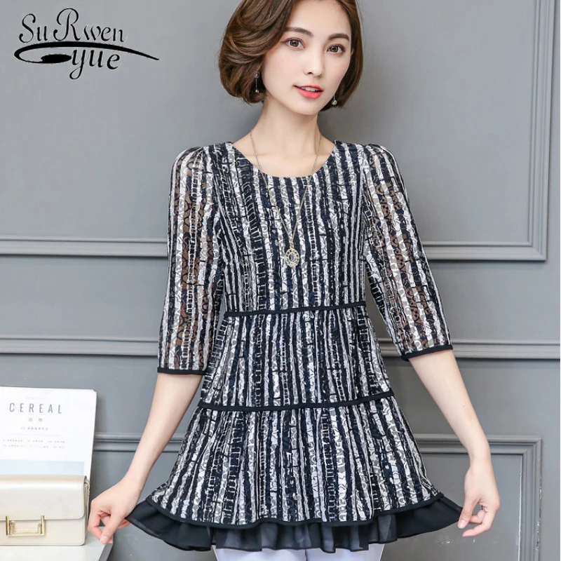 women blouses women shirts plus size2019spring new chiffon shirt women's long chiffon shirt lace striped bottoming shirt 2663 50
