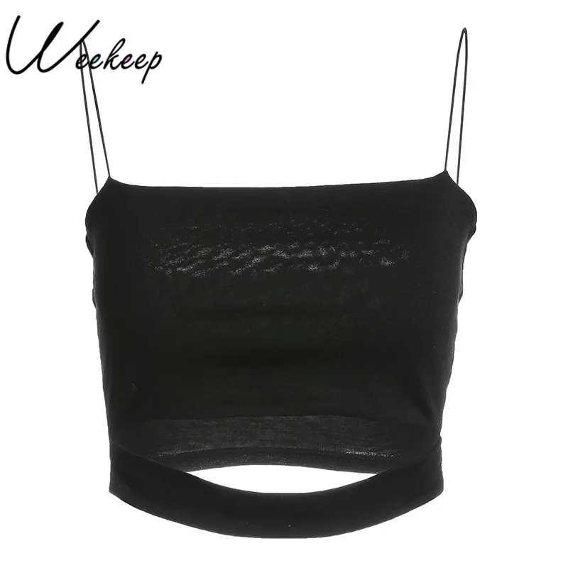 

Weekeep Women Black Hollow Out Crop Top Summer Sexy Spaghetti Strap Top 2018 Cropped Streetwear Backless Bralette Camis Tops