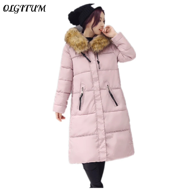 ##BUY 2019 Winter New Women Parka Fur Collar Hooded Down Cotton Coat Long section solid color Coat Parkas Thicken Loose Warm coat