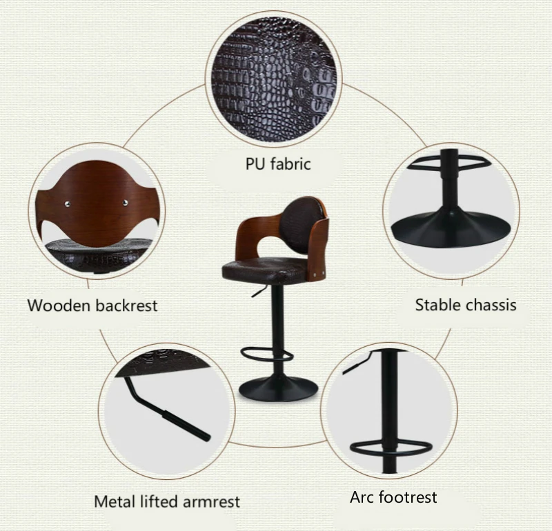 Multi-function Lifted Bar Chair Wooden Backrest Rotated Retro Commercial High Stool with Footrest Household Stable Bar Stool