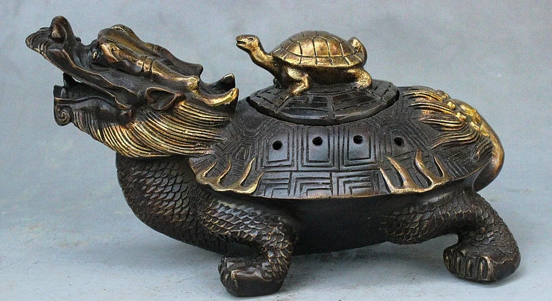 

8" Old China Royal Bronze Gilt Dragon Turtle Carry Turtle Statue Incense Burner