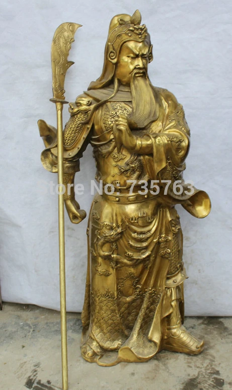 

001481 40" Chinese Brass Stand General Guan Gong Yu Warrior God Wear Dragon Robe Statue