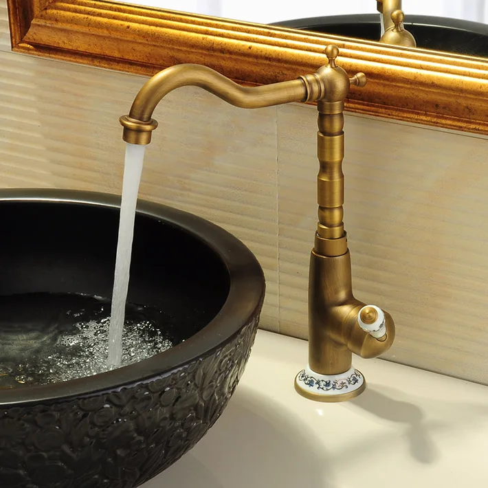 

Luxury Antique Copper Bathroom Vessel Sink Faucet Mixer Tap with single ceramic handle