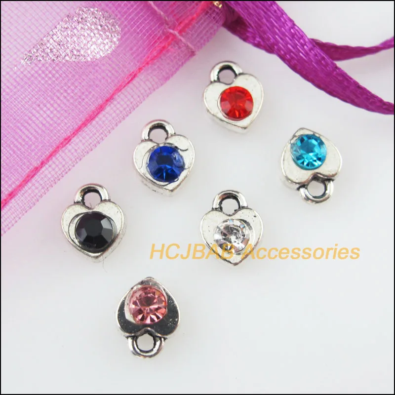 

24Pcs Tibetan Silver Mixed Crystal Heart Charms Pendants 6x7.5mm