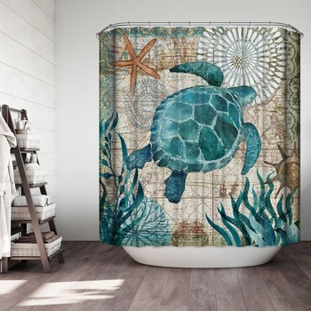 

4pcs / Set Turtles Printed Pattern Shower Curtain Pedestal Carpet Lid Toilet Cover Mat Bath Mat Set Bathroom Curtains with Hooks