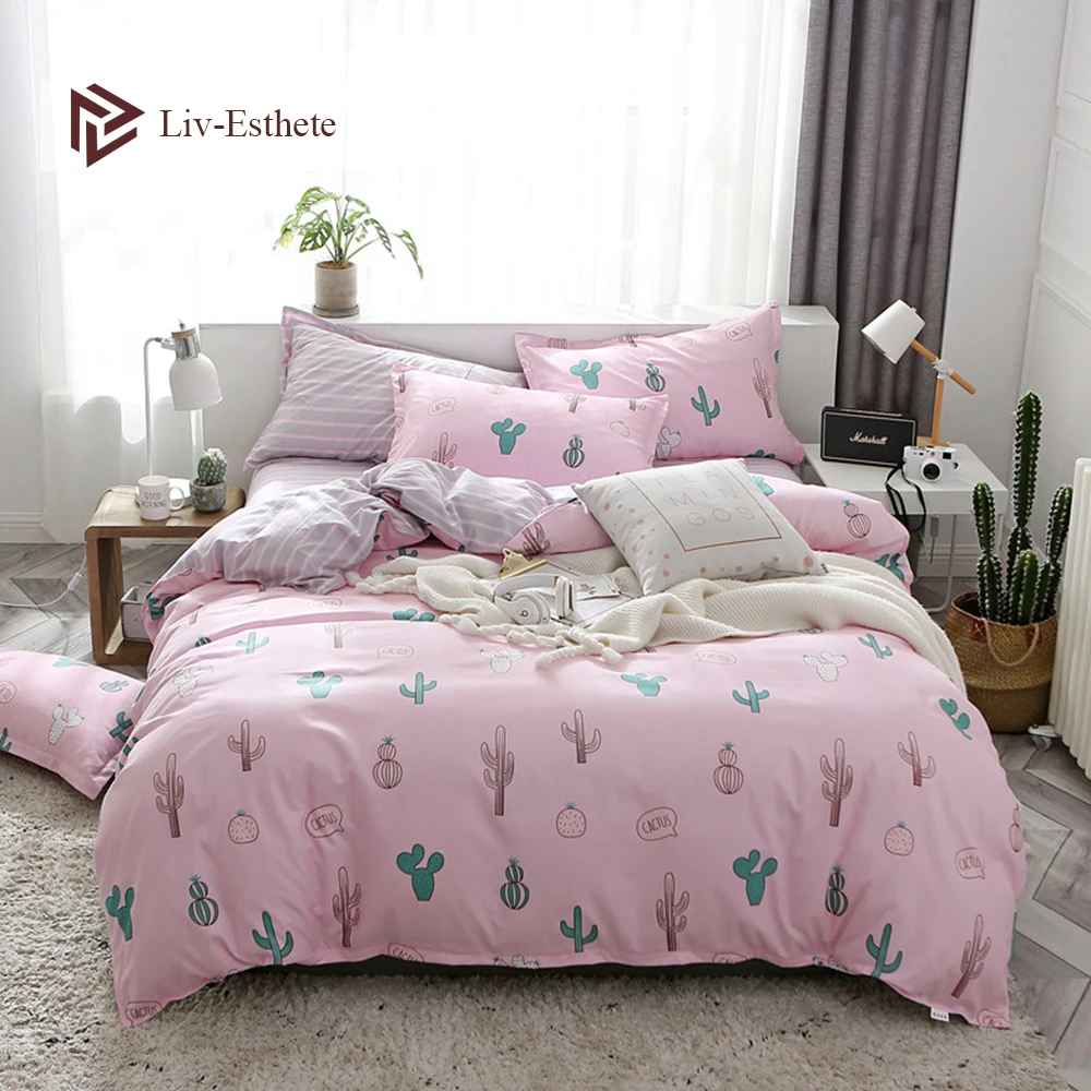 

Liv-Esthete Fashion Green Cactus Pink Bedding Set Soft Duvet Cover Flat Sheet Double Queen King Adult Kids Bed Linen Bedspread