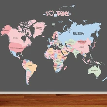 Venda quente mapa do mundo stiker para crianças colorido inglês mapa mundi adesivos de parede sala estar quarto diy sd199