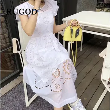 

RUGOD Office ladies elegant white dress Fashion ruffles lace hollow out women summer dresses vestidso Fashion 2019 female dress