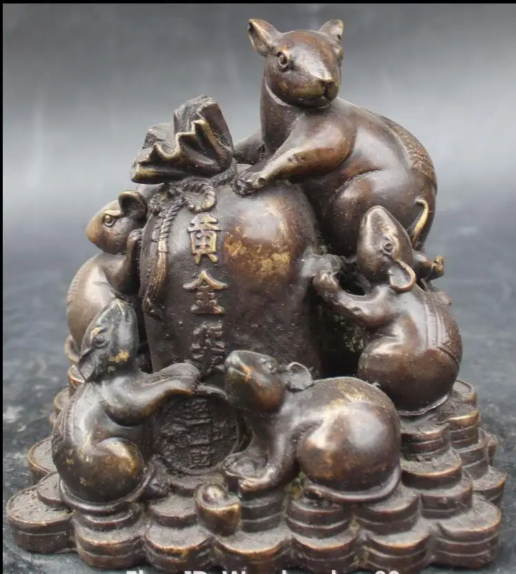 

6710650++Chinese Bronze Wealth Money Gold Bag 5 Five Mouse Rat Rice Pull Asset Sculpture