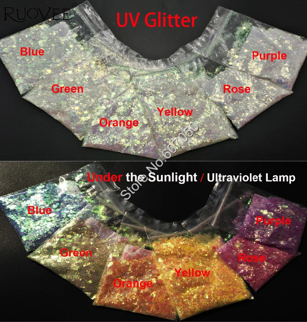 

6COLORS UV Glitter Mixed Hexagon Shape Ultraviolet Light Nail Art for Craft Decorations Gel Makeup Facepainting DIY Accessories