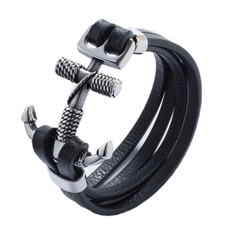 

Newest Men Fashion Jewelry Anchor Bracelets Multilayer Leather Bracelet Men's Stainless Steel Punk Jewelry Pulseras PD785