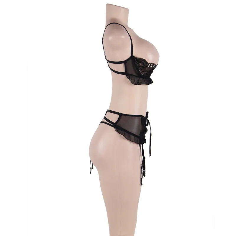 Comeonlover Sexy Bra Open Cup Set Black Plus Size Jartiyer Sexy Set 3 Pieces Steel Ring Lingerie Set Garter lenceria RE80512