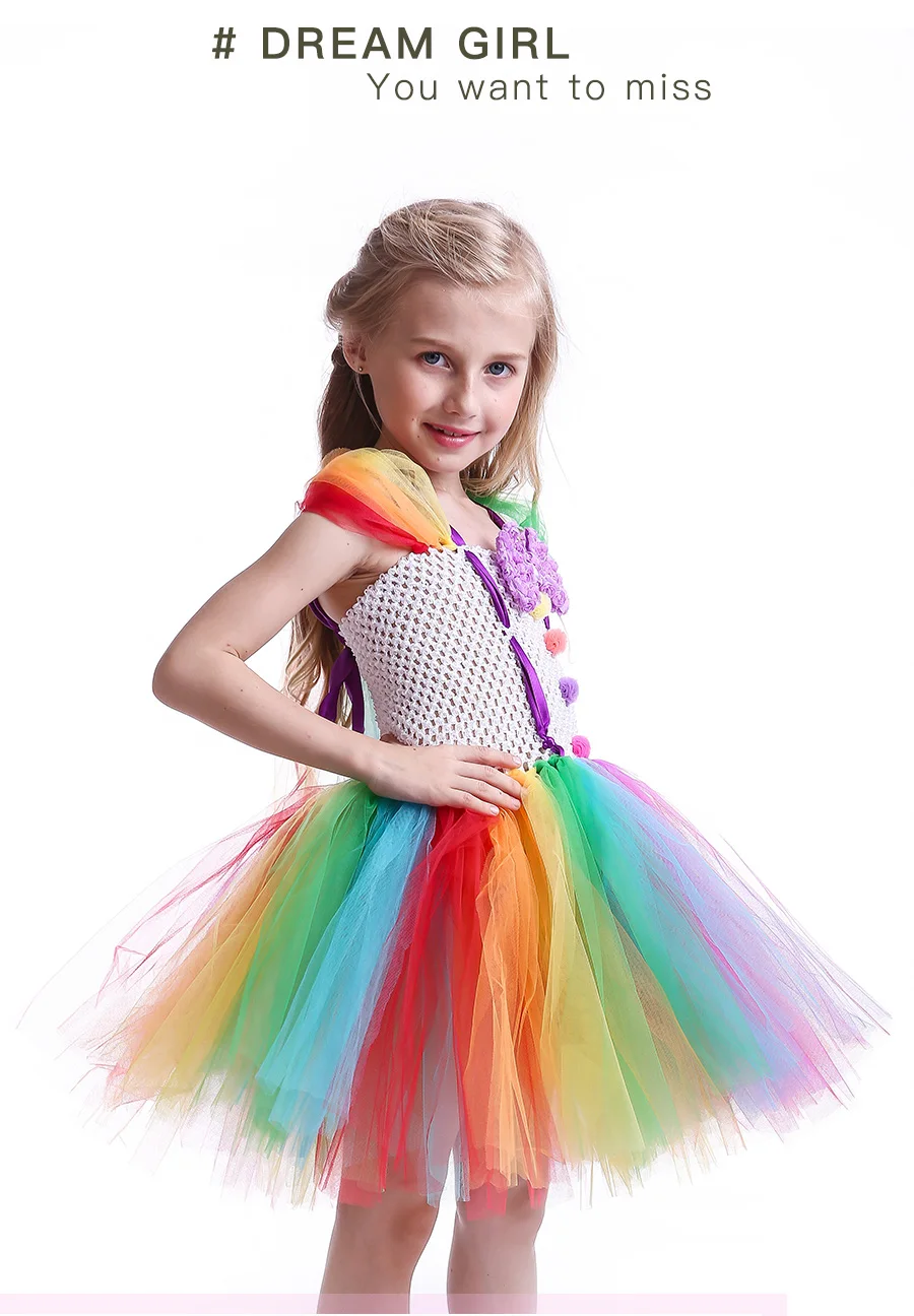 Girls Clown Rainbow Inspired Handmade Tutu Dress Colored Pom Poms Kids Party Dress for Birthday Outfit or Halloween Costume (6)