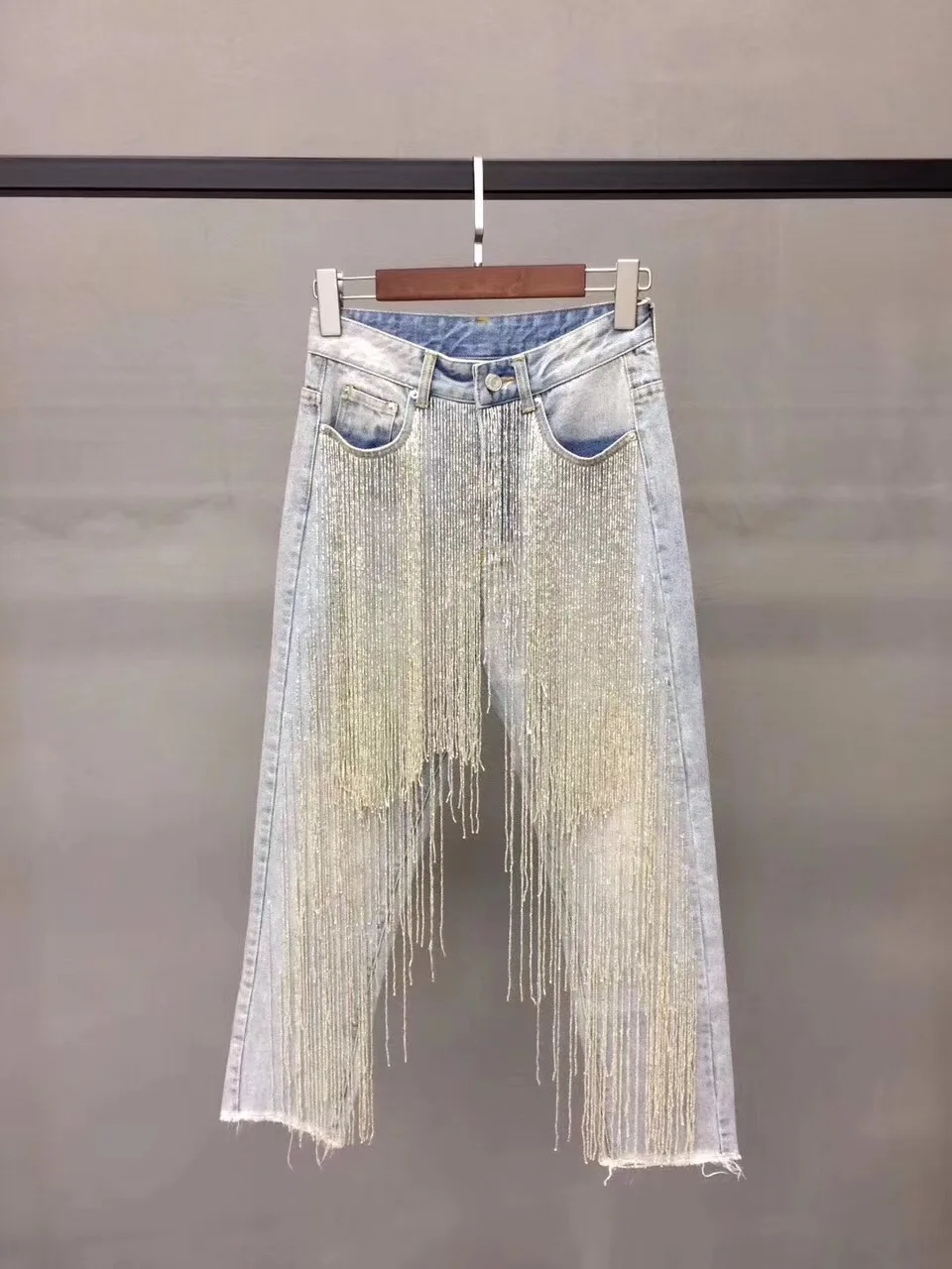 

New early autumn female Western style joker irregular handmade beaded adornment waist jeans