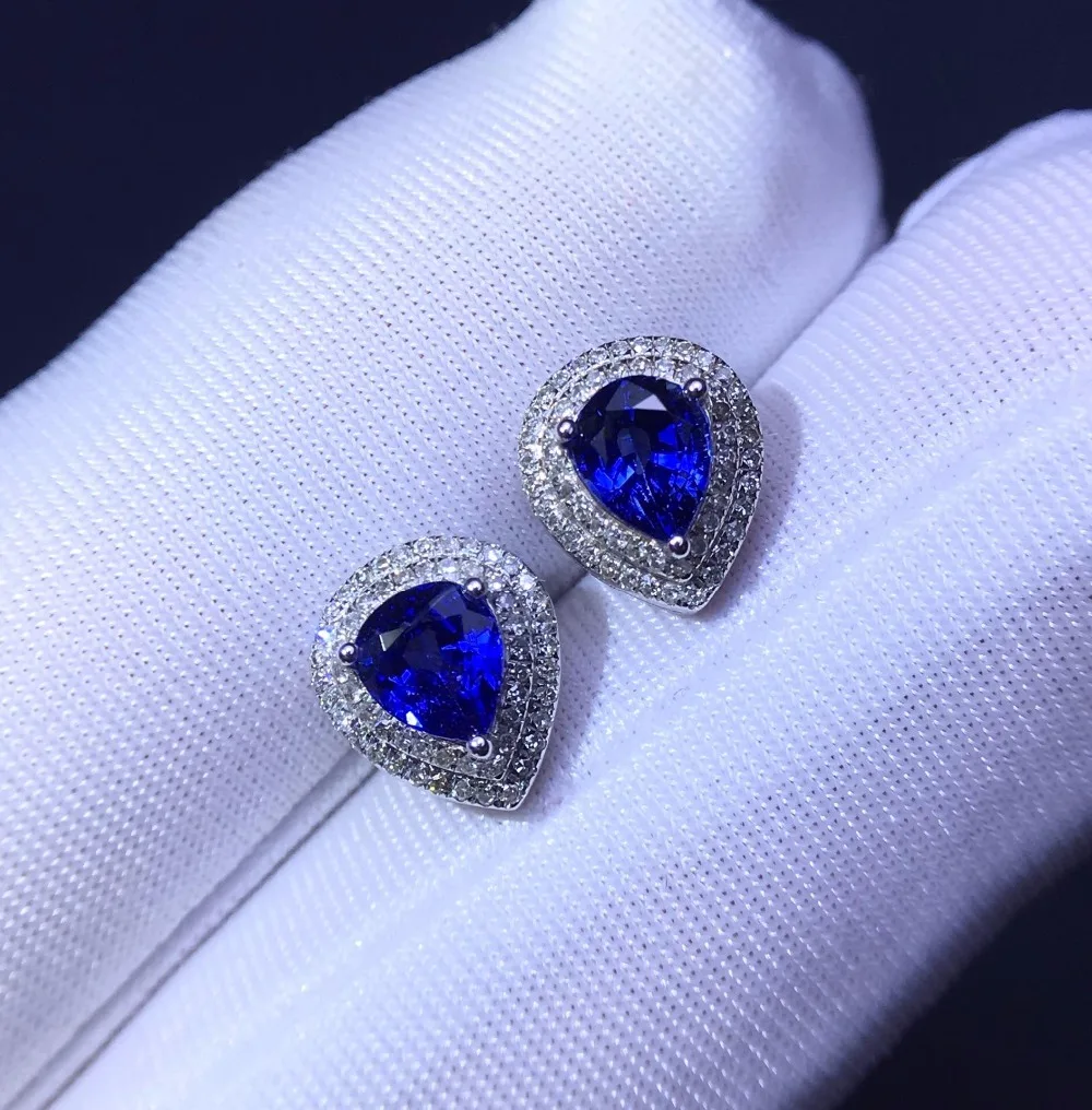 

Fine Jewelry Collection Real 18K White Gold AU750 100% Natural Blue Sapphire Gemstones Tanzania Origin Stud Earrings for Women