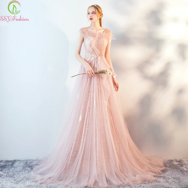 

SSYFashion New Sweet Fairy Pink Evening Dress Banquet Elegant Bridal Lace Sweep Train Long Party Formal Gowns Robe De Soiree