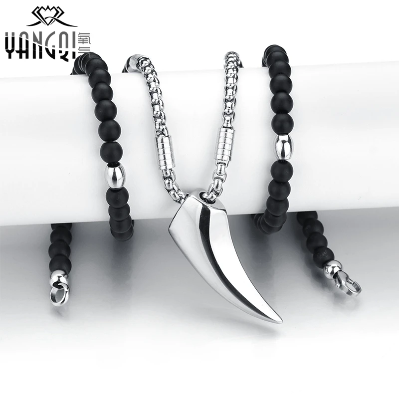 Norse Vikings Wolf Teeth Pendant Necklaces Silver Stainless Steel Chain Black Stone Strand Beads Necklaces Ethnic Jewelry Men