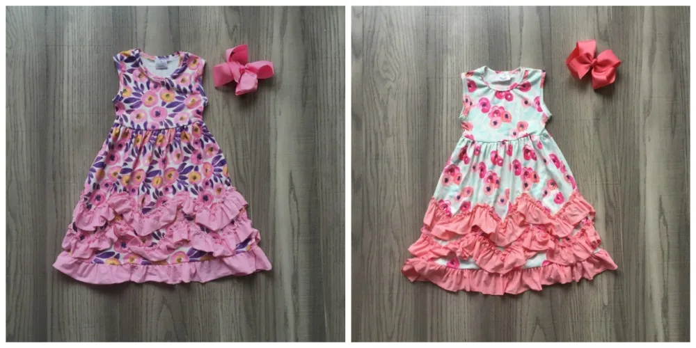 

new arrivals summer girls clothes pink coral leaf floral flower milk silk ruffle baby kids clothes ruffles maxi dress match bow