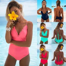 Сексуальный купальник с оборками, женский слитный купальник, купальный костюм с пуш-ап, открытая спина, монокини, боди, Одноцветный, пляжная одежда для женщин
