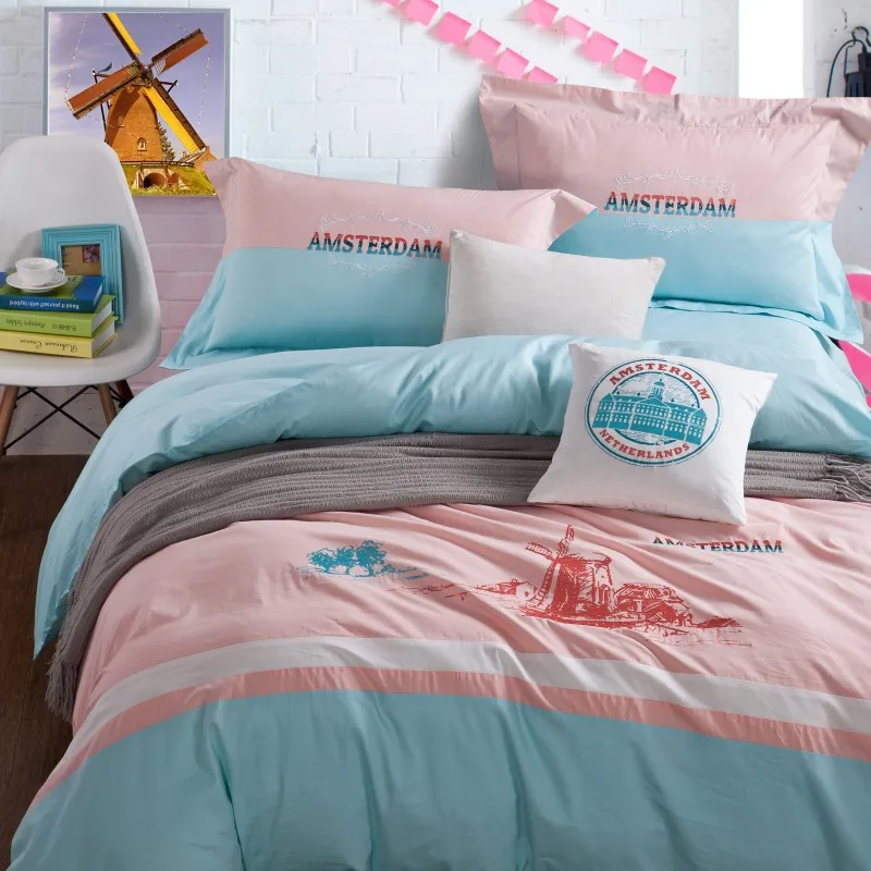 Amsterdam bedding sets 100 cotton embroidery blue pink bed cover sheet