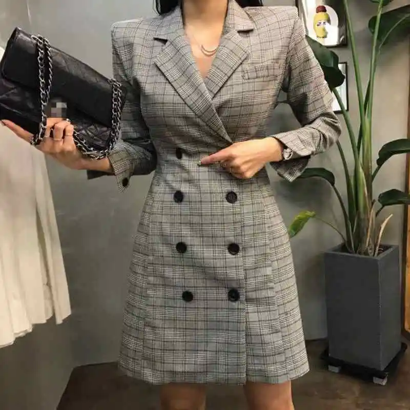 

2019 New Euro Fashion Women Plaid Party Dress Elegant Suit Casual Long Sleeve Work OL Ladies Party Slim Fit Dress Suits