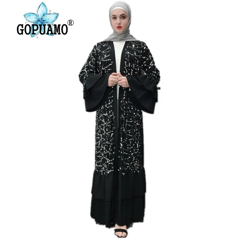 

Women Black Abaya Dubai Turkish Turkey Bangladesh Coat Bolero Muslim Caftan Long Cardigan Sequins Islamic Clothing Headscarf