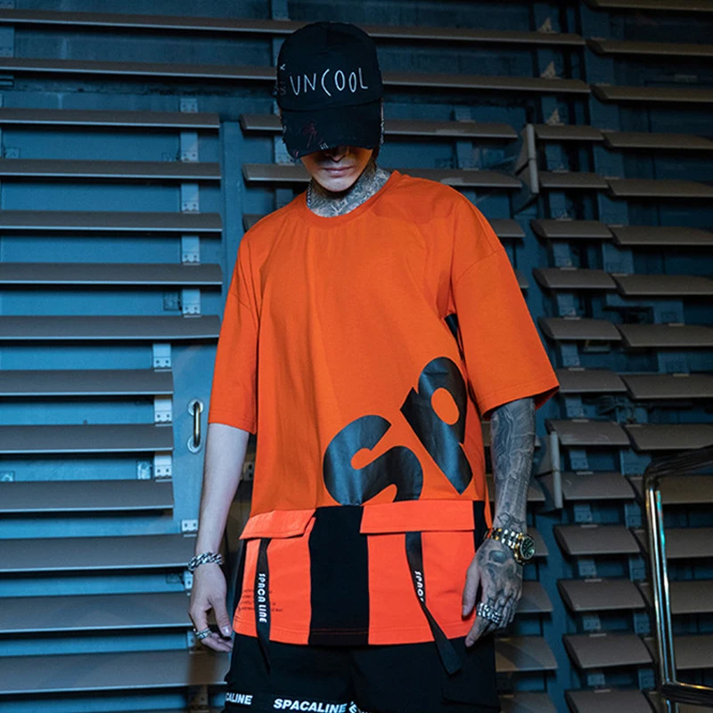 Японская уличная летняя модная черная оранжевая однотонная хлопковая Футболка с лентами, с круглым вырезом, в стиле хип-хоп, с коротким рукавом, мужские футболки, топы