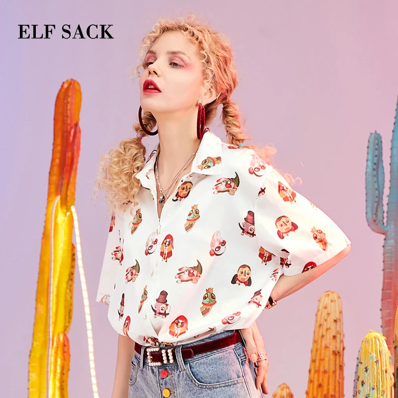 ELFSACK летние новые женские рубашки с мультяшным принтом блузки Повседневная