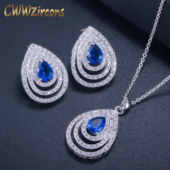 

CWWZircons 2018 Newest Big Water Drop Blue CZ Earrings Necklace Micro Pave Cubic Zirconia Fashion Women Jewelry Sets T302