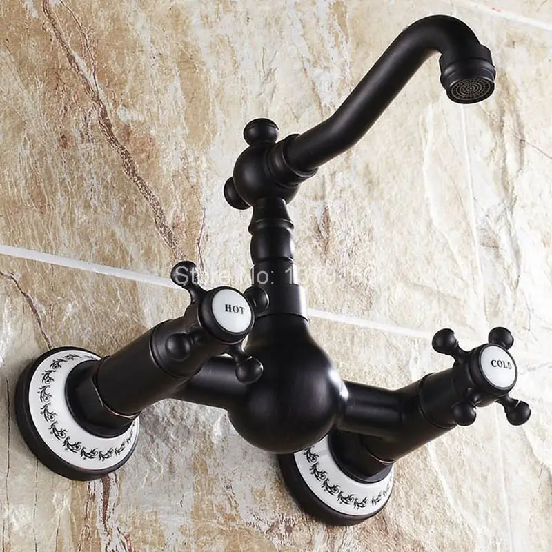 Black Oil Rubbed Bronze Wall Mounted Dual Cross Handles Swivel Kitchen Bathroom Sink Basin Faucet Mixer Tap aan013