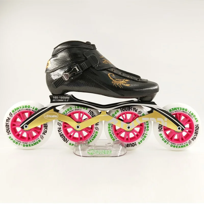 Pasendi Carbon профессиональная обувь для скоростного катания на коньках для женщин/мужчин роликовые коньки гоночная обувь для взрослых и детей катание патины soy luna - Цвет: 4x100mm wheels