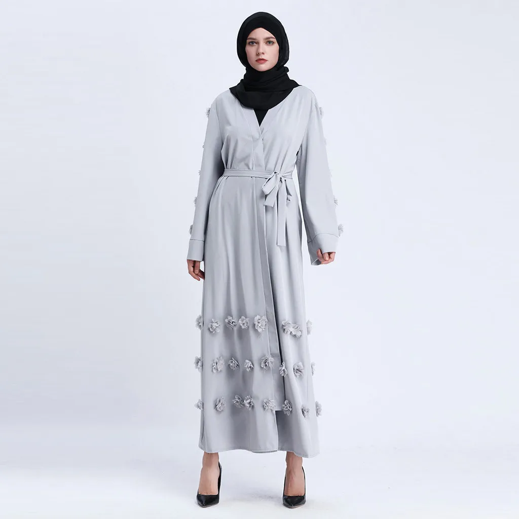 Мусульманское абайя Цветочный Макси платье кардиган цветы юбка Аппликации Длинные халаты Туника Ближний Восток Рамадан Исламская одежда