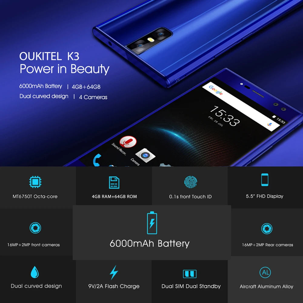 OUKITEL K3 16.0MP + 2.0MP 4 камеры 4G смартфон 6000 mAh MTK6750T Octa Core Android 7 0 64G 5 ''мобильный телефон