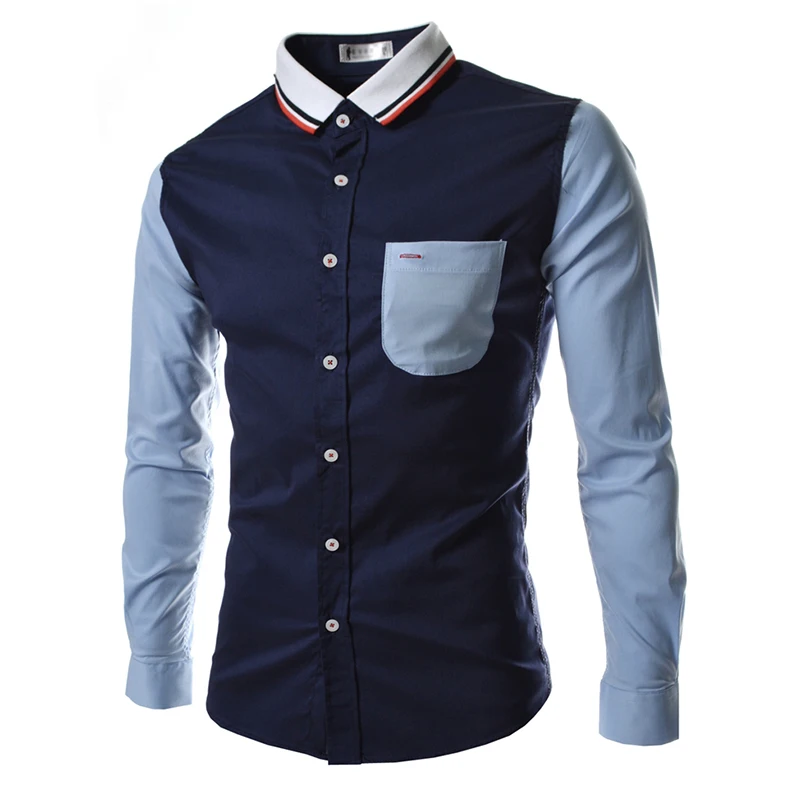 Fashion England style pocket sleeve patchwork design yong men's shirts M-2XL man slim fit full Cool boy clothing wholesale | Мужская