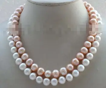 

17-18" Double Genuine Natural 9-10mm White Pink Round Pearl Necklace #f1860!