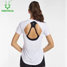 Vansydical Женская майка Yoga рубашки сексуальные платье с открытой спиной и короткими рукавами дышащие спортивные беговые футболки тренировки бег тренажерный зал Топ